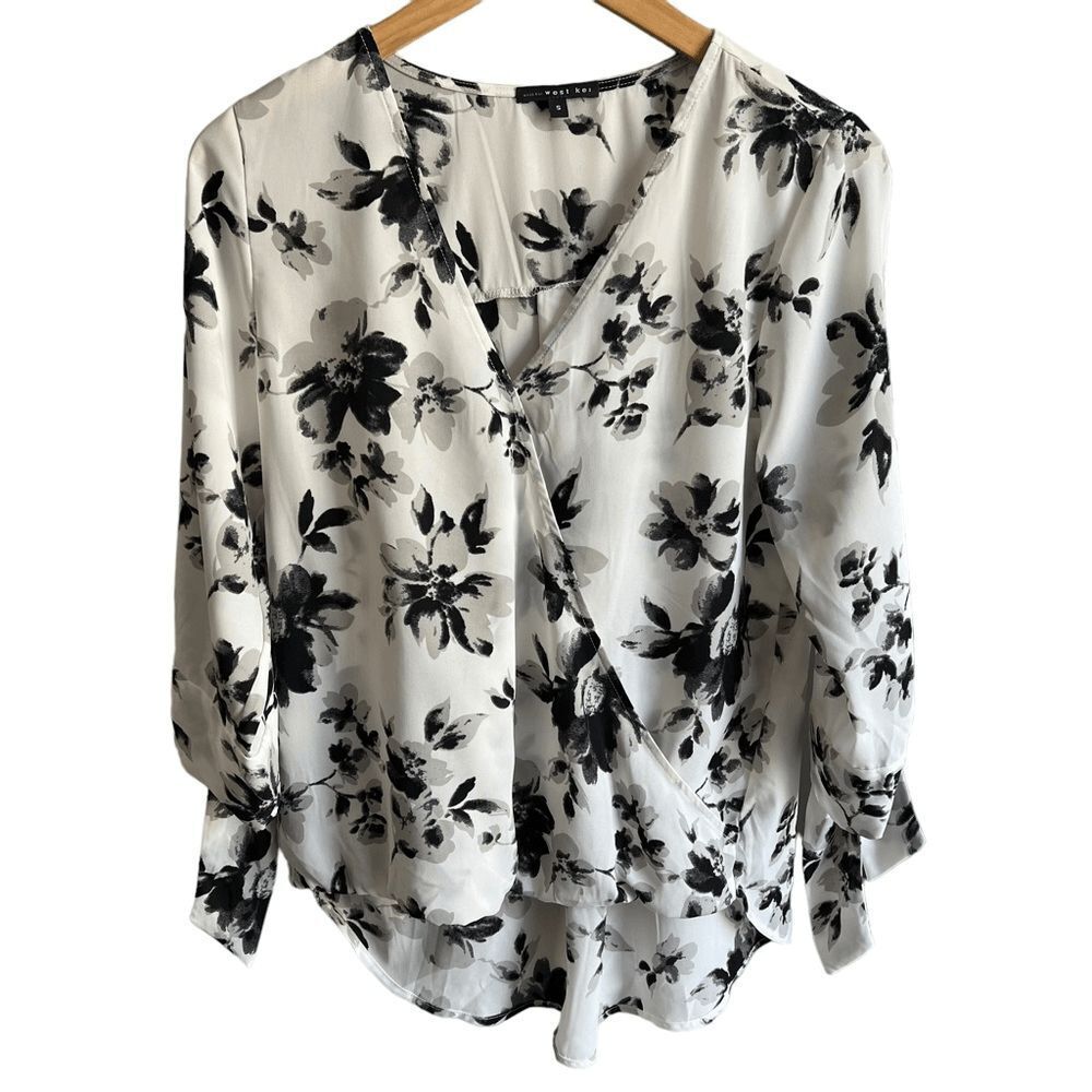Stitch Fix West Kei Floral Wrap Blouse Womens Small Black/White Tie Sleeve Top